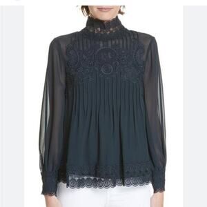 Ted Baker Cailley Lace Blouse Womens 0 Blue High Neck Balloon Sleeve Semi Sheer